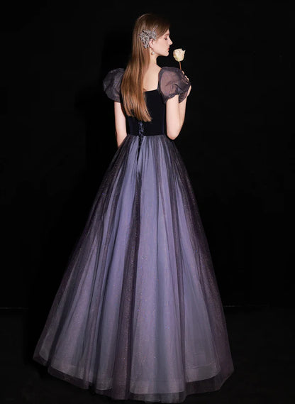 A-line Glitter Purple Bubble Sleeved Ballgown Tulle and Velvet Long Prom Dress