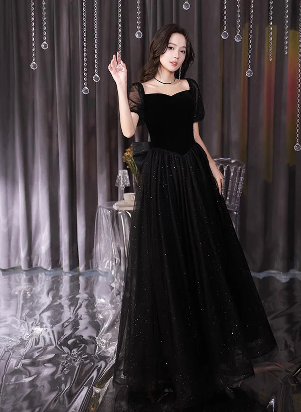 Glitter A-Line Princess Black Tulle and Velvet Short Sleeves Prom Dress Black Evening Dress