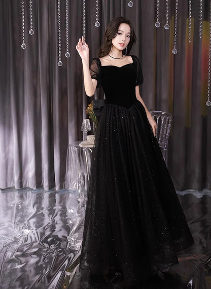 Glitter A-Line Princess Black Tulle and Velvet Short Sleeves Prom Dress Black Evening Dress