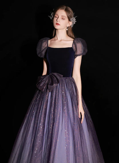 A-line Glitter Purple Bubble Sleeved Ballgown Tulle and Velvet Long Prom Dress