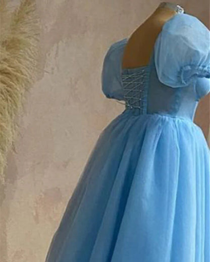 Blue Tulle Puffy Sleeve Midi Dress A-Line Princess Prom Dresses