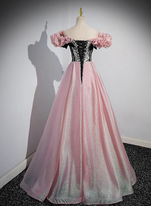 Elegant A-line Pink Off Shoulder Long Evening Dress Pink with Black Lace Long Prom Dress