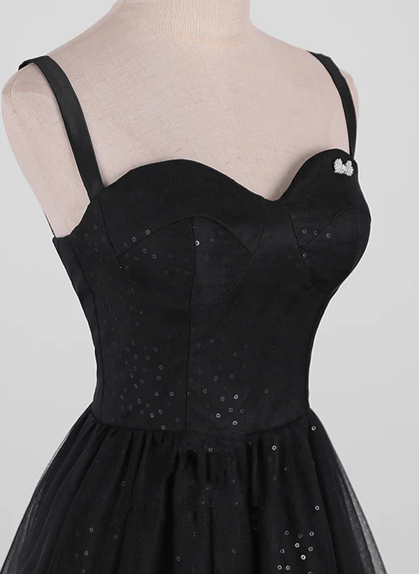 Sequins/Sparkling Black A-line Tulle Straps Simple Long Prom Dress Evening Dress