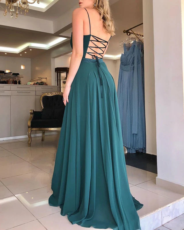 Plunge Neck Open Back Chiffon Split Dresses Prom Dresses With Lace Up Back