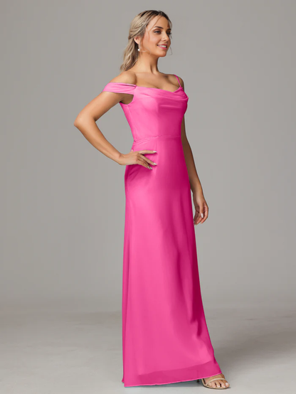 Spaghetti Straps Off The Shoulder Chiffon Long Bridesmaid Dress With Slit