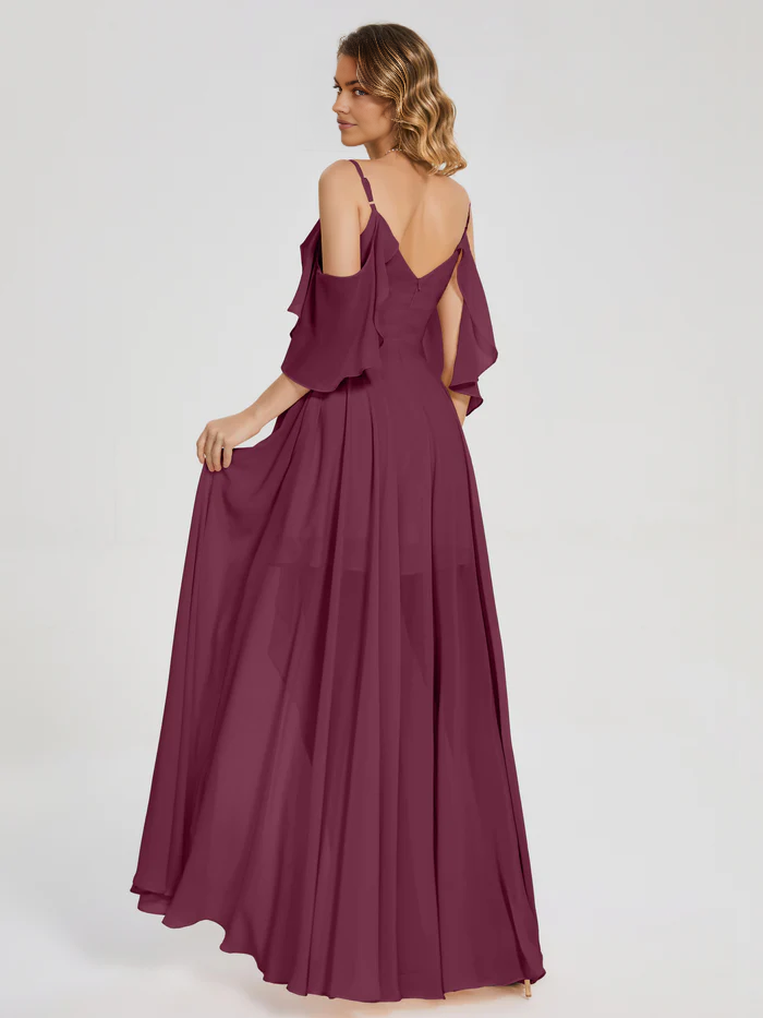 Asymmetrical Off the Shoulder Ruffles Chiffon Bridesmaid Dress