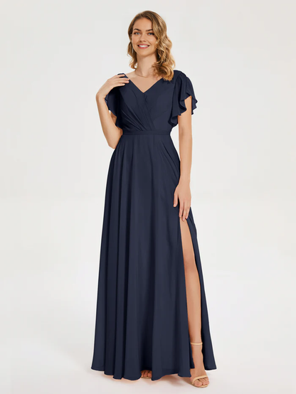 A-Line Princess V-neck Pleats Chiffon Bridesmaid Dress with Ruffles
