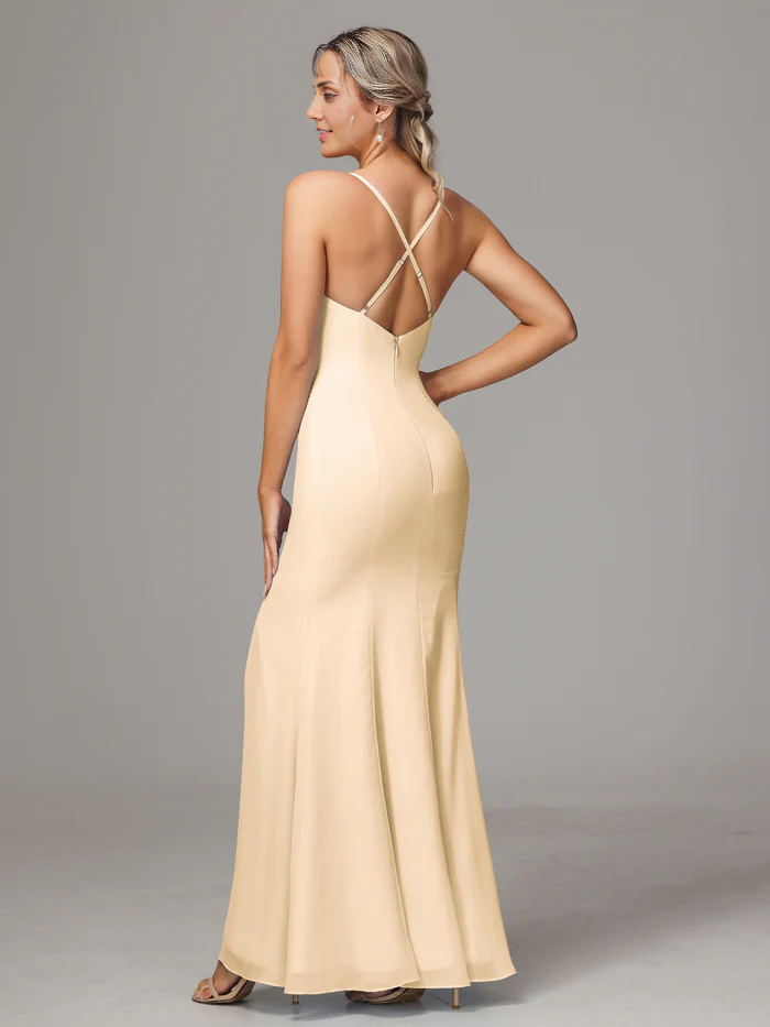 Spaghetti Straps Cross Back Chiffon Long Bridesmaid Dress With Slit