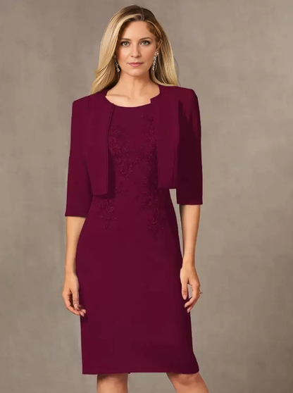 Two Piece Party Dress For Mother Of The Bride Jewel Neck Sleeveless Short Lace Knee-Length Wedding Guest Dresses
