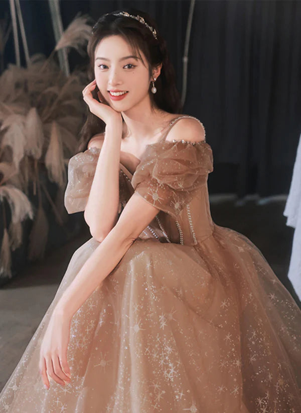 A-line Champagne Tulle Off Shoulder Long Party Dress Formal Dress Prom Dress