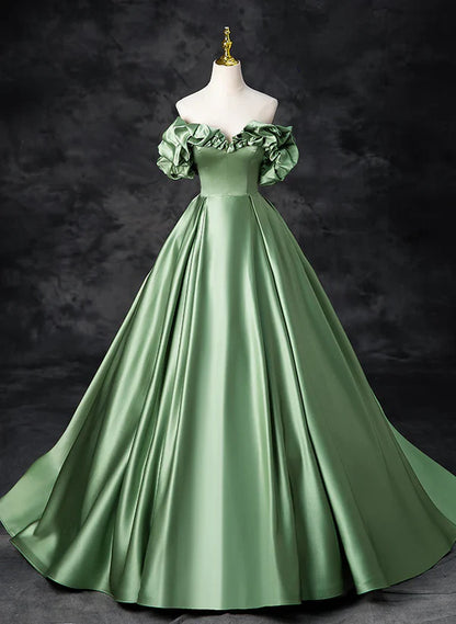 Green Satin Off Shoulder Long Party Dress A-line Green Prom Dress Quinceanera Dress