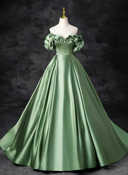 Green Satin Off Shoulder Long Party Dress A-line Green Prom Dress Quinceanera Dress