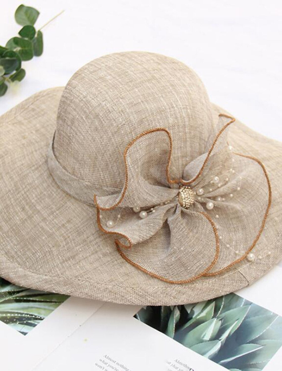 Headwear Tulle Imitation Pearl Bucket Hat Straw Hat Sun Hat Wedding Outdoor Melbourne Cup With Bowknot Imitation Pearl Headpiece Headwear