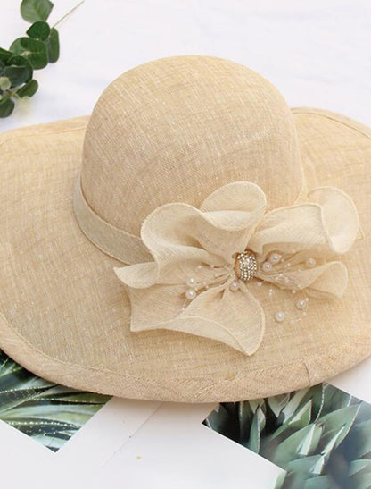 Headwear Tulle Imitation Pearl Bucket Hat Straw Hat Sun Hat Wedding Outdoor Melbourne Cup With Bowknot Imitation Pearl Headpiece Headwear