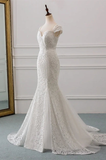 Mermaid Sweetheart Lace Long Wedding Dress Bride Gown Cap Sleeves