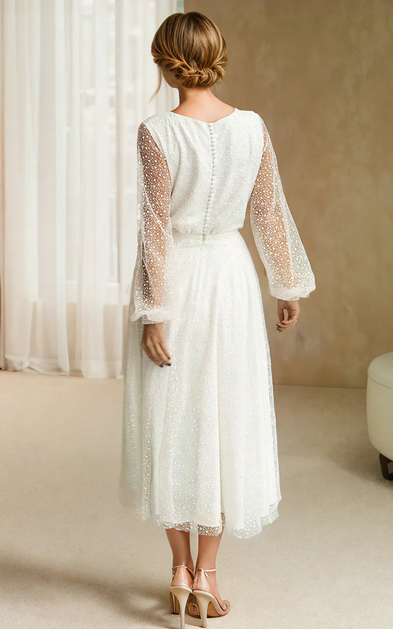 Vintage Sparkly A-Line Wedding Dress V-Neck Elegant Button Back
