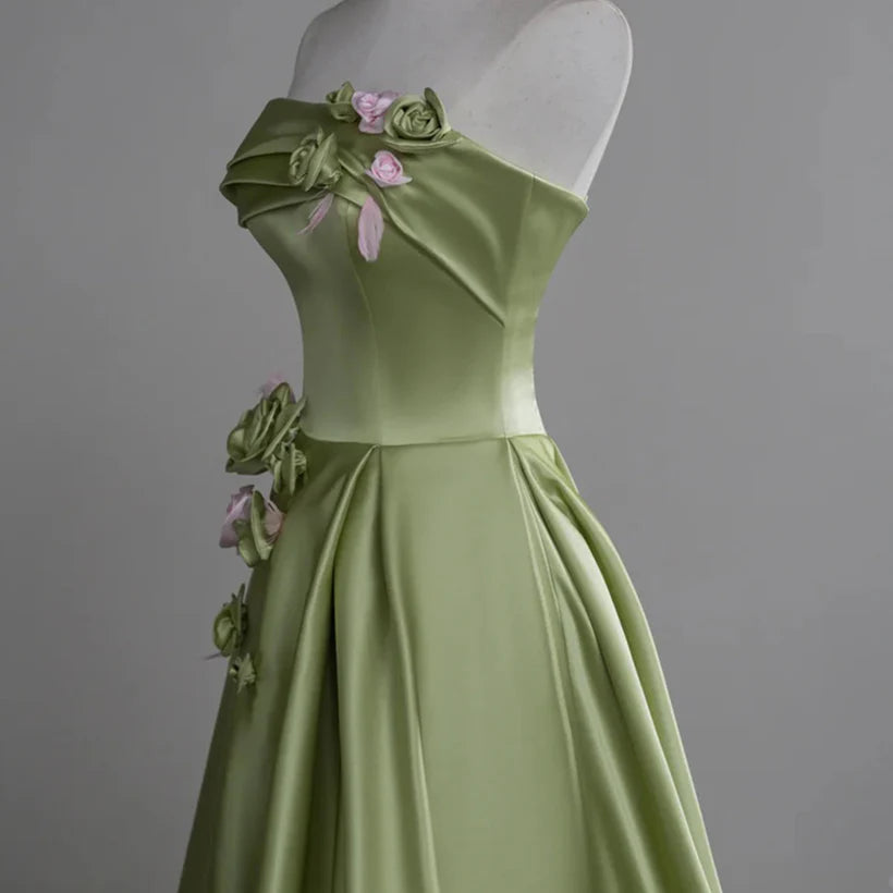 Green A-line Ballgown Satin with Flowers Long Evening Dress Satin Prom Dress