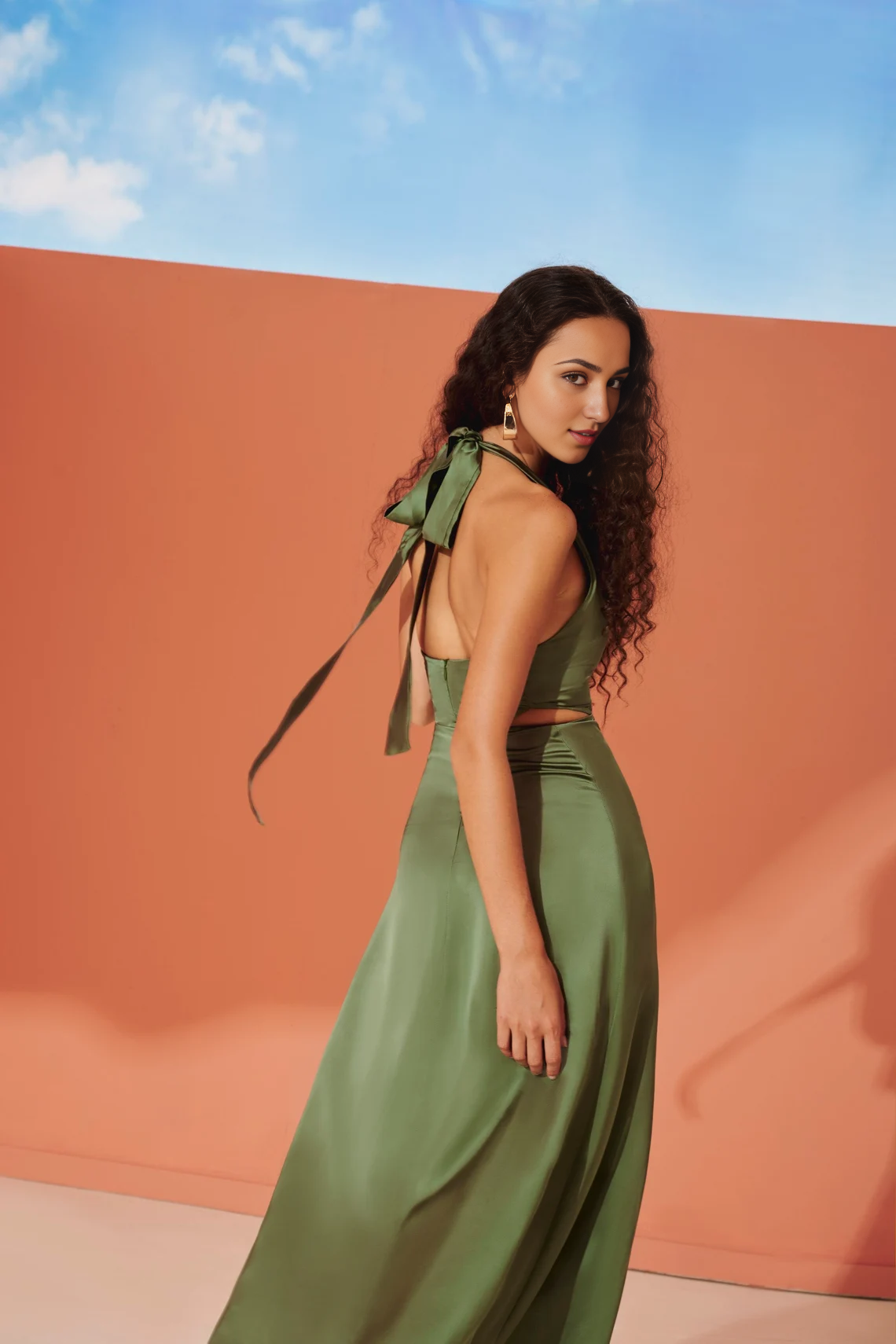 Emerald Olive Bridesmaids Dress Silk Halter Neck Party Dress Wedding Guest Dress