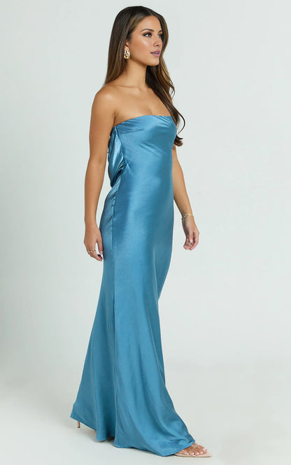off shoulder collar sleeveless strapless backless and floor length Prom dress