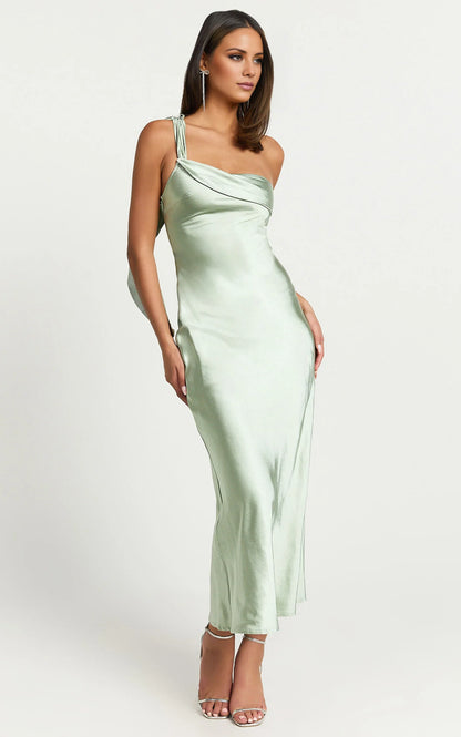 asymmetrical neckline off shoulder sleeveless backless and floor length Prom dress