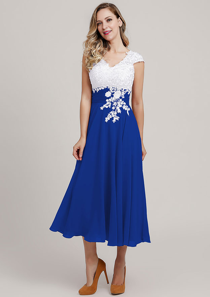 Chiffon Mother of the Bride Dress A-line/Princess V Neck Short Sleeve Tea-Length With Lace