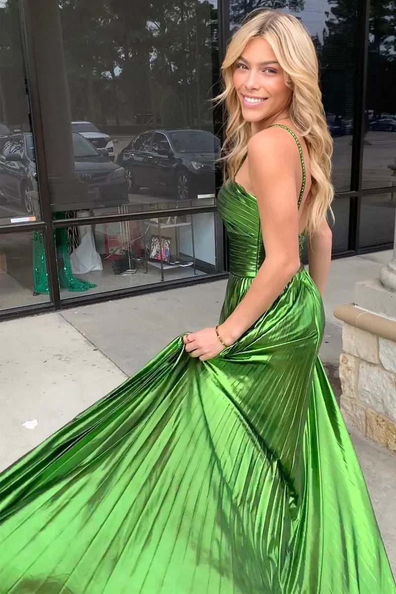 Green Satin Halter Cutout Long Prom Dress with Slit