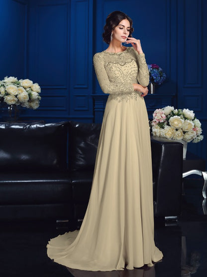 A-Line/Princess Scoop Beading Long Sleeves Long Chiffon Mother of the Bride Dresses