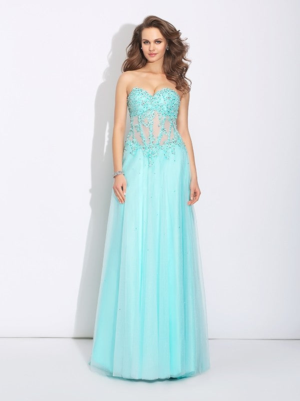 A-Line/Princess Sweetheart Lace Sleeveless Long Net Dresses