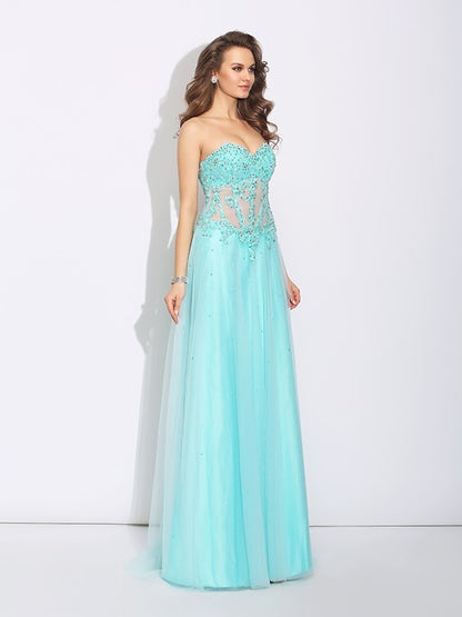 A-Line/Princess Sweetheart Lace Sleeveless Long Net Dresses