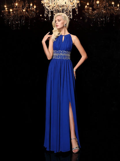 A-line/Princess Jewel Beading Sleeveless Long Chiffon Dresses