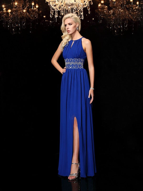 A-line/Princess Jewel Beading Sleeveless Long Chiffon Dresses