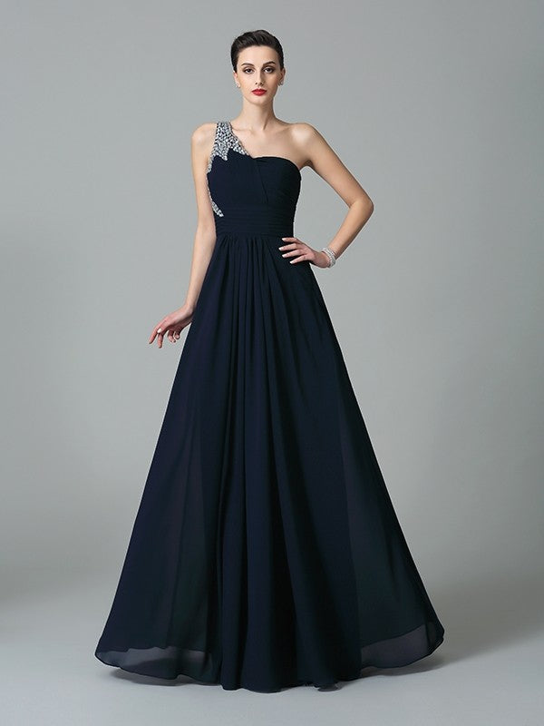 A-Line/Princess One-Shoulder Rhinestone Sleeveless Long Chiffon Dresses