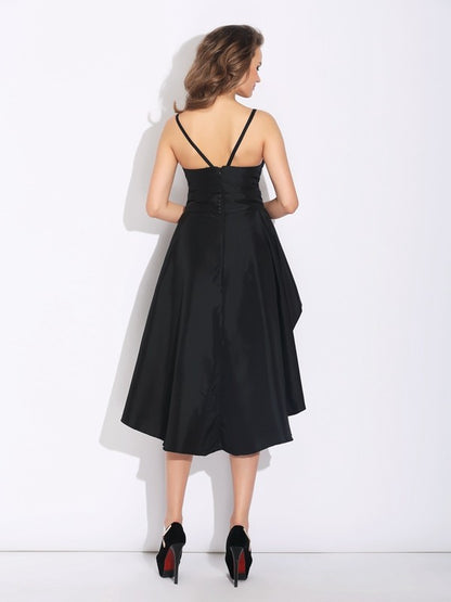 A-Line/Princess Spaghetti Straps Ruffles Sleeveless High Low Taffeta Dresses