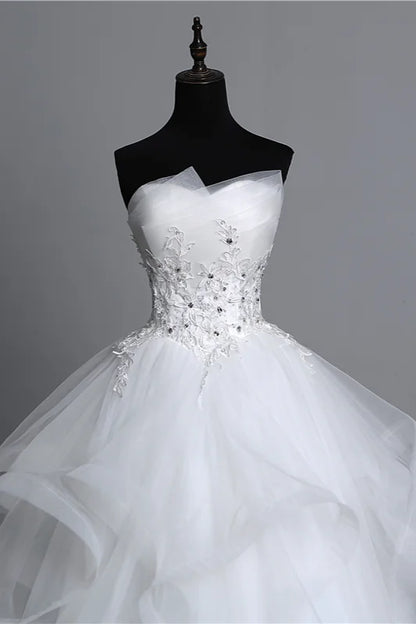 Strapless Layers Wedding Gown With Appliques Beadings