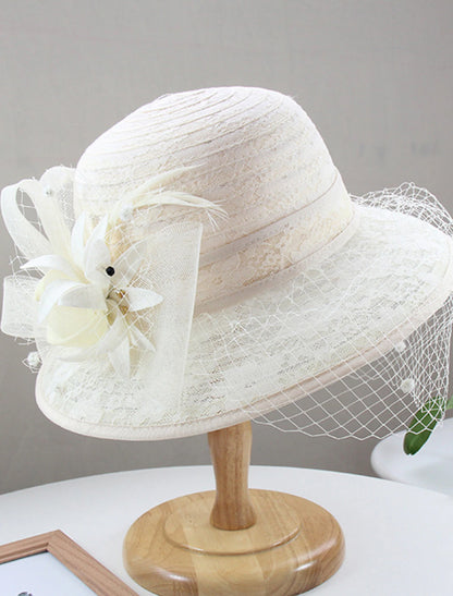 Hats Headwear Tulle Bucket Straw Hat Ladies Day Vintage Style Elegant Lace With Feather Lace Headpiece Headwear
