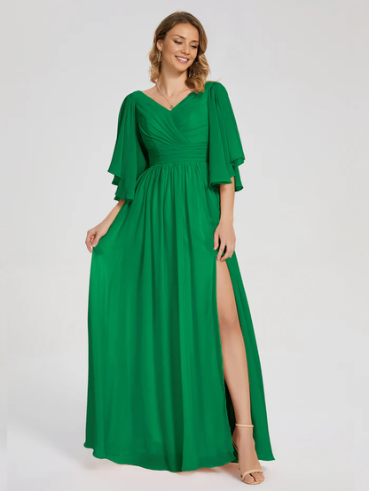 A-Line V-neck Half Sleeves Slit Chiffon Bridesmaid Dress Wedding Guest Party Dress
