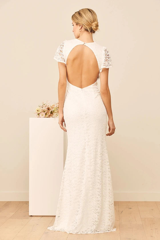 White Lace Flutter Sleeve Backless Floor-length Wedding Dresses Maxi Dress