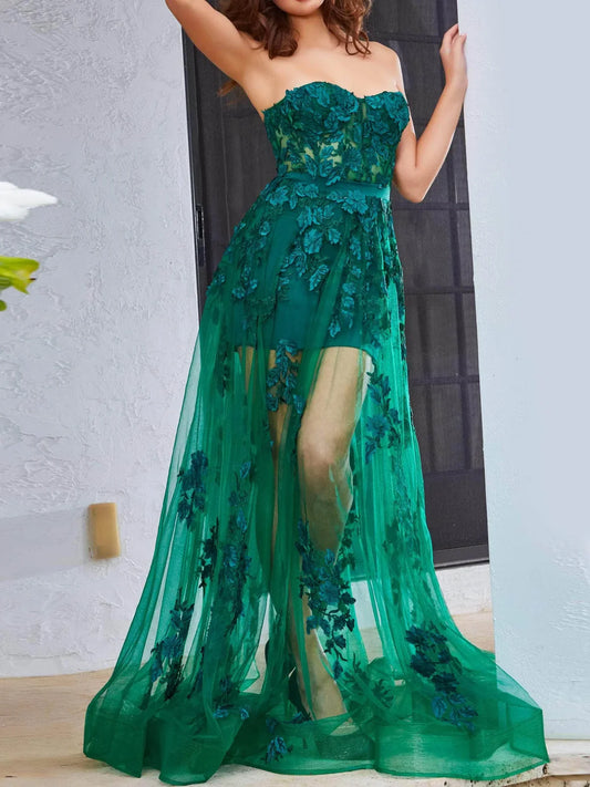 A Line Strapless Tulle Floor-Length Evening Dress with Flowers
