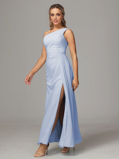One Shoulder Floor Length Chiffon Bridesmaid Dress With Slit
