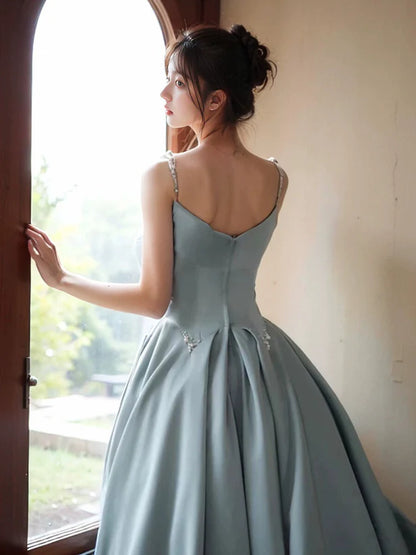 A-Line Blue Satin Beaded Straps Long Evening Dress Ballgown Satin Prom Dress With Sweep Train
