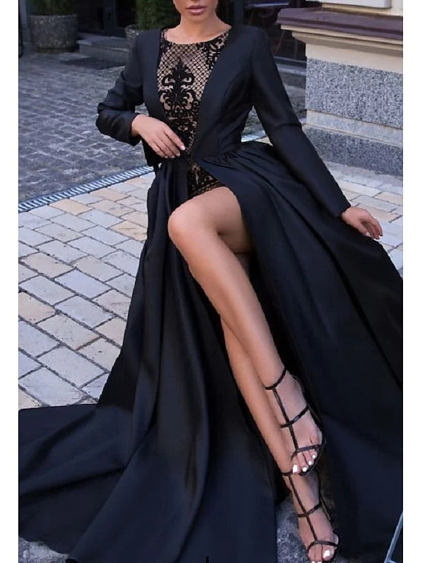A-Line Ball Gown Sweep/Brush Train Dress Long Sleeve Evening Dresses with Slit