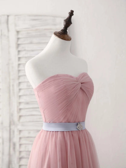 A-Line Pink Sweetheart Neck Tulle Long Prom Dress Bridesmaid Dress