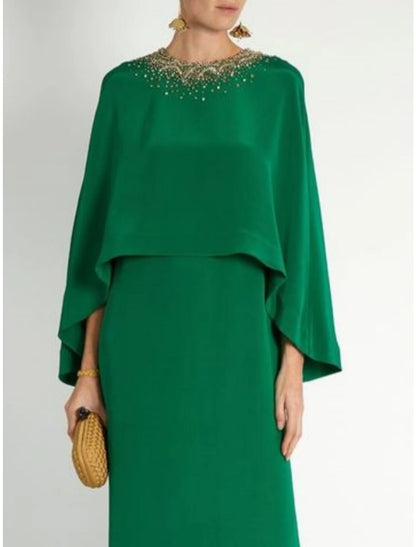 Sheath / Column Mother of the Bride Dress Jewel Neck Ankle Length Stretch Chiffon Long Sleeve with Sequin Split Front