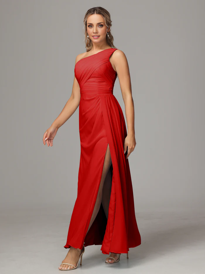 One Shoulder Floor Length Chiffon Bridesmaid Dress With Slit