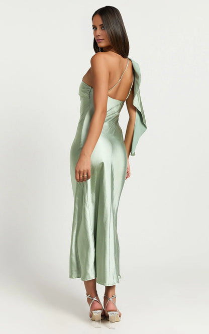 asymmetrical neckline off shoulder sleeveless backless and floor length Prom dress