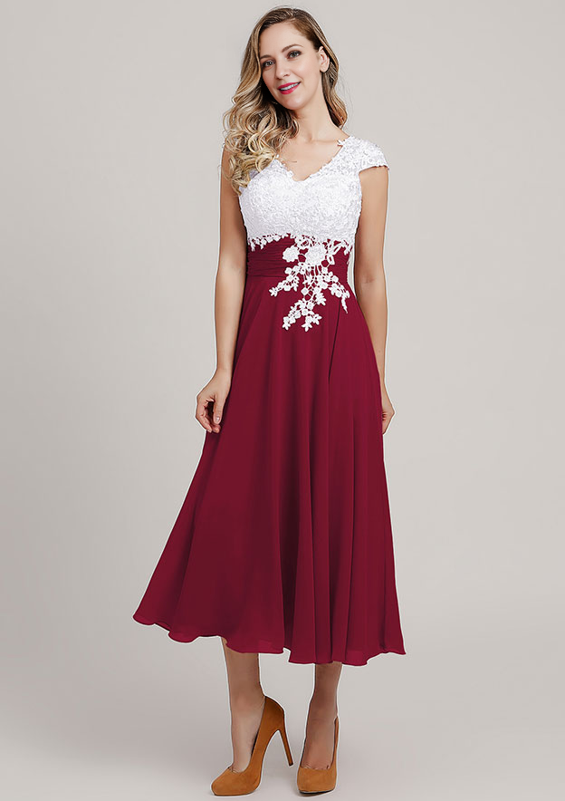 Chiffon Mother of the Bride Dress A-line/Princess V Neck Short Sleeve Tea-Length With Lace