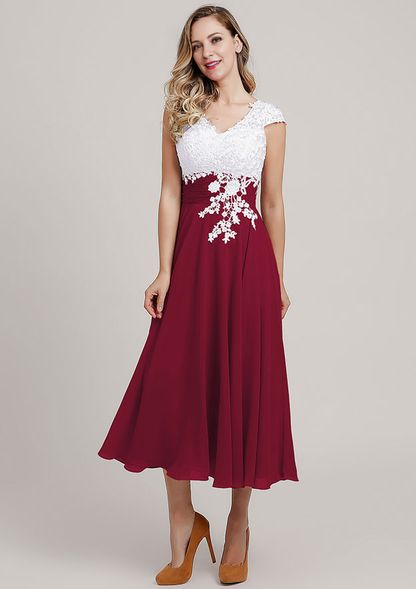 Chiffon Mother of the Bride Dress A-line/Princess V Neck Short Sleeve Tea-Length With Lace