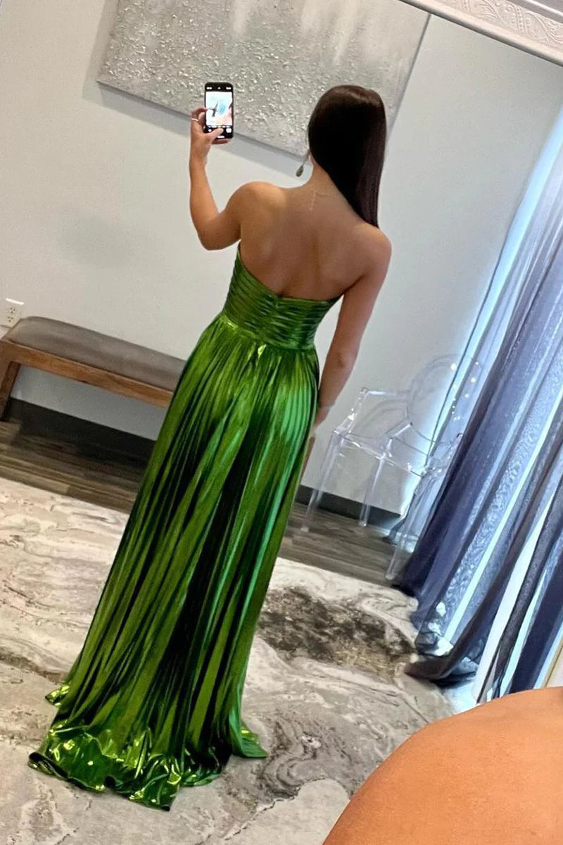 green strapless pleated dress Black Strapless Pleated Chiffon Long Formal Dress with Slit