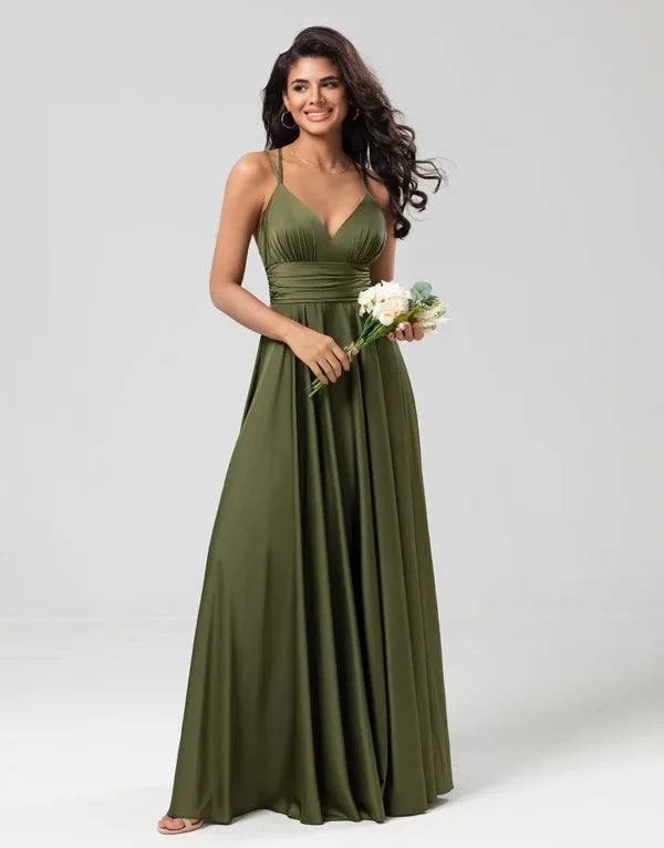 A Line Spaghetti Straps Olive Long with Ruffles Bridesmaid Dress