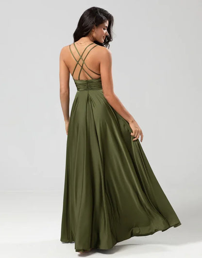 A Line Spaghetti Straps Olive Long with Ruffles Bridesmaid Dress